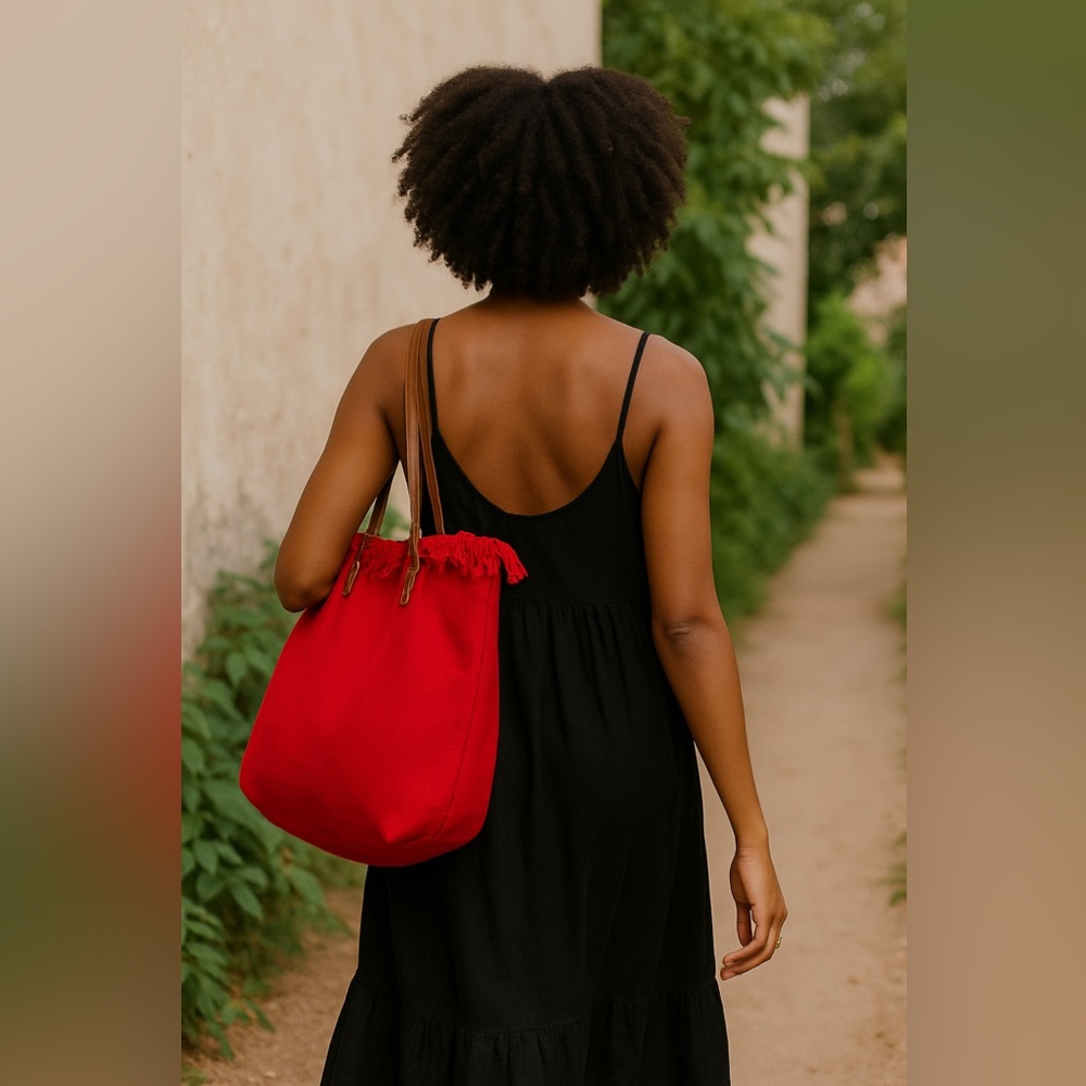 SCARLET FRINGE RED CANVAS TOTE BAG - Picture 3 of 7